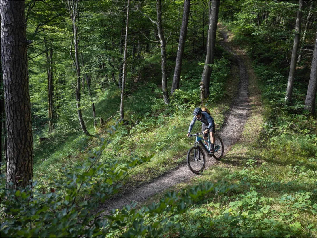 Cube hardtail electric mountain bike riding on a trail